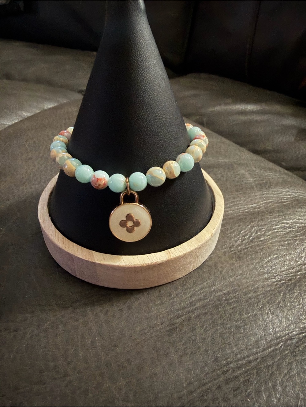 Hand Crafted Pastel Aqua and Multicolor Beaded Bracelet with Gold Charm